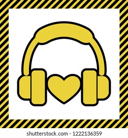 Headphones with heart. Vector. Warm yellow icon with black contour in frame named as under construction at white background. Isolated.