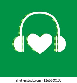 Headphones with heart. Vector. White flat icon with yellow striped shadow at green background.