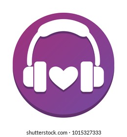 Headphones with heart. Vector. White icon with flat shadow on purpureus circle at white background. Isolated.