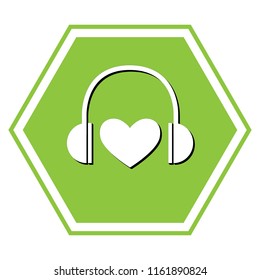 Headphones with heart. Vector. White icon with black shadow at yellow green honeycomb on white background.