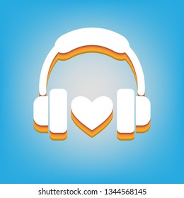 Headphones with heart. Vector. White icon with 3d warm-colored gradient body at sky blue background.