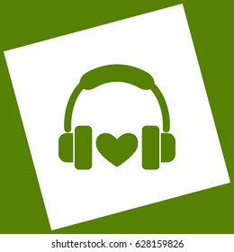 Headphones with heart. Vector. White icon obtained as a result of subtraction rotated square and path. Avocado background.