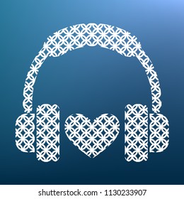 Headphones with heart. Vector. White textured icon at lapis lazuli gradient background.