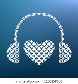 Headphones with heart. Vector. White textured icon at lapis lazuli gradient background.