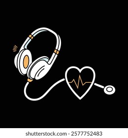 Headphones and Heartbeat Line Illustration - Music and Health Concept