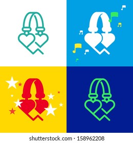 Headphones with heart-shaped load speakers. Vector graphic icon.