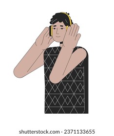 Headphones hispanic guy 2D linear cartoon character. Dreads latino listening to music beats isolated line vector person white background. Podcast listener. Music lover color flat spot illustration