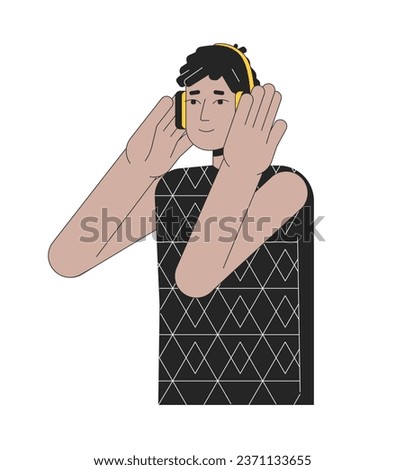 Headphones hispanic guy 2D linear cartoon character. Dreads latino listening to music beats isolated line vector person white background. Podcast listener. Music lover color flat spot illustration