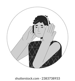 Headphones hispanic guy black and white 2D vector avatar illustration. Dreads latino listening to music beats outline cartoon character face isolated. Podcast listener male flat user profile image