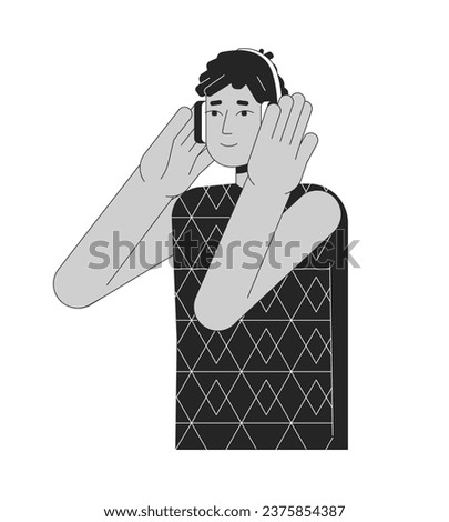 Headphones hispanic guy black and white 2D line cartoon character. Dreads latino listening to music beats isolated vector outline person. Podcast listener male monochromatic flat spot illustration