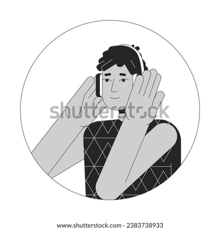 Headphones hispanic guy black and white 2D vector avatar illustration. Dreads latino listening to music beats outline cartoon character face isolated. Podcast listener male flat user profile image