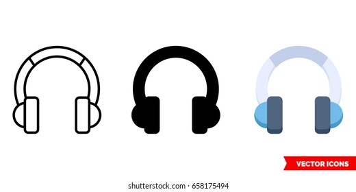 Headphones icon of 3 types: color, black and white, outline. Isolated vector sign symbol.