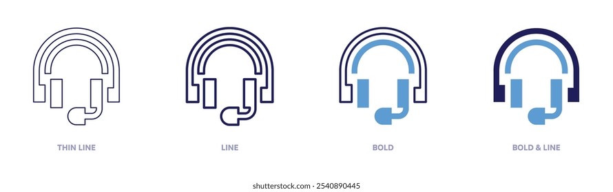 Kopfhörersymbol in 4 verschiedenen Stilen. Dünne Linie, Linie, Fett und Fette Linie. Duotone-Stil. Bearbeitbarer Strich.