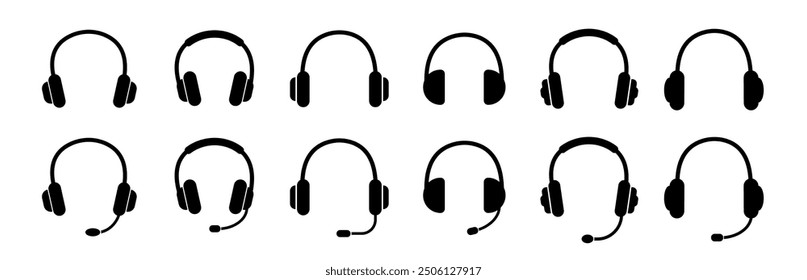 Headphones icon. Black headphones icon collection. Set of music headphones icons. headphone with microphone.  Vector headphone icons 