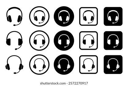 Headphones icon. Black headphones icon collection. Set of music headphones icons. headphone with microphone.  Vector headphone icons 