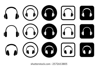 Headphones icon. Black headphones icon collection. Set of music headphones icons. headphone with microphone.  Vector headphone icons 