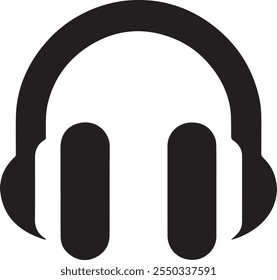 Headphones Icon. A black and white icon of a pair of headphones. The design is simple and minimalist, featuring the outline of the headband and ear cups