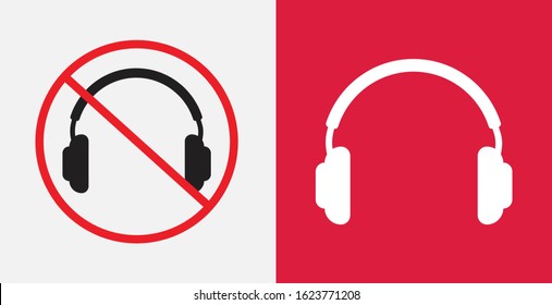 Headphones icon. Earphones. Headset vector icon. Headphones forbidden sign, no headphones allowed, crossed out headphone icon. Icons set