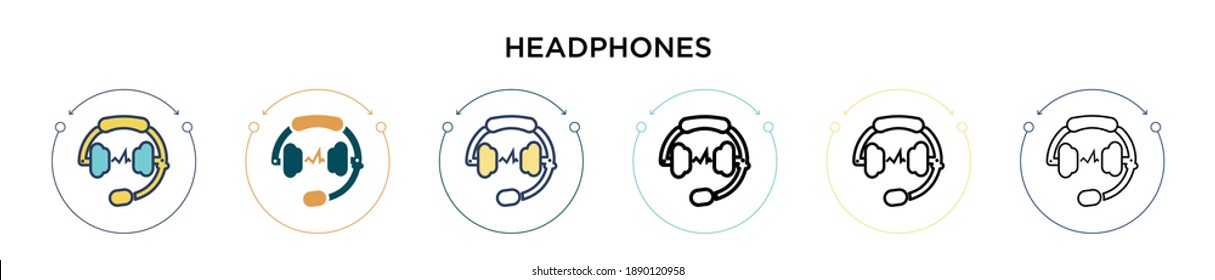 Headphones icon in filled, thin line, outline and stroke style. Vector illustration of two colored and black headphones vector icons designs can be used for mobile, ui, web