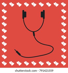 Headphones icon flat. Simple black pictogram on red background with white hearts for valentines day. Vector illustration symbol