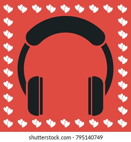 Headphones icon flat. Simple black pictogram on red background with white hearts for valentines day. Vector illustration symbol