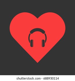 Headphones icon flat. Simple pictogram on heart background. Vector illustration symbol