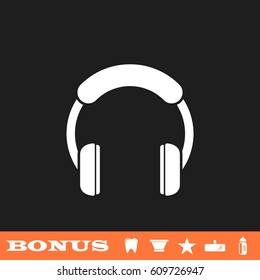Headphones icon flat. White pictogram on black background. Vector illustration symbol and bonus button tooth, vase, star, mirror, bottle