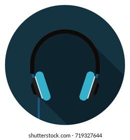 Headphones icon. Illustration in flat style. Round icon with long shadow.
