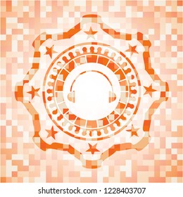 headphones icon inside abstract emblem, orange mosaic background