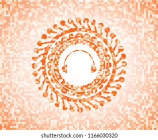 headphones icon inside abstract orange mosaic emblem with background