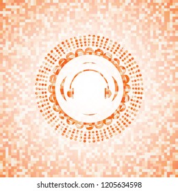 headphones icon inside abstract orange mosaic emblem with background