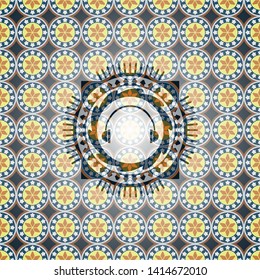 headphones icon inside arabic badge. Arabesque decoration.