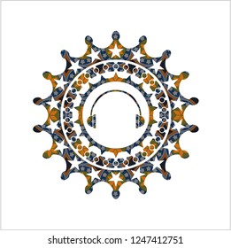 headphones icon inside arabic style badge. Arabesque decoration.