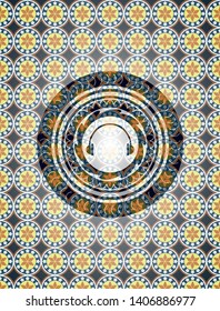 headphones icon inside arabic style emblem. Arabesque decoration.