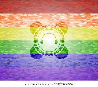 headphones icon inside emblem on mosaic background with the colors of the LGBT flag