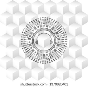 headphones icon inside grey badge with geometric cube white background