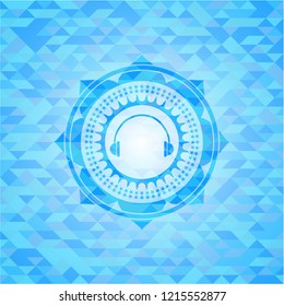 headphones icon inside light blue emblem. Mosaic background