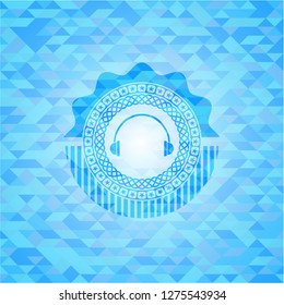 headphones icon inside light blue emblem with mosaic ecological style background