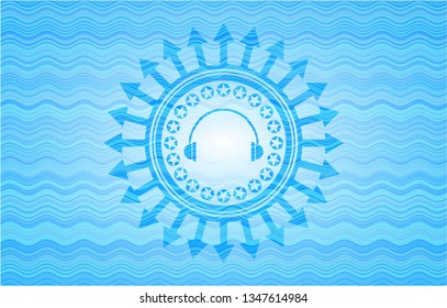 headphones icon inside light blue water badge.