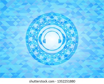 headphones icon inside light blue emblem with mosaic background