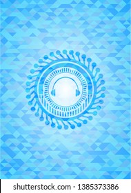 headphones icon inside light blue emblem. Mosaic background