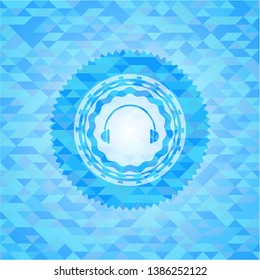 headphones icon inside light blue emblem with mosaic ecological style background