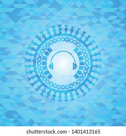 headphones icon inside light blue emblem with mosaic ecological style background