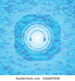 headphones icon inside light blue emblem with mosaic background