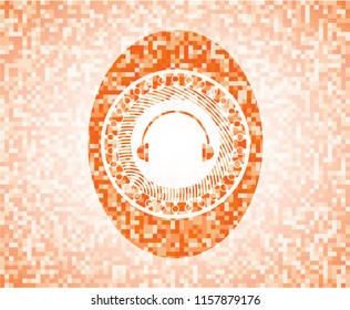 headphones icon inside orange mosaic emblem with background