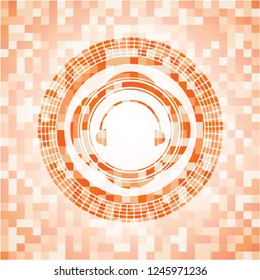 headphones icon inside orange tile background illustration. Square geometric mosaic seamless pattern with emblem inside.