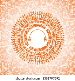 headphones icon inside orange tile background illustration. Square geometric mosaic seamless pattern with emblem inside.
