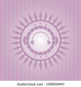 headphones icon inside pink emblem. Retro