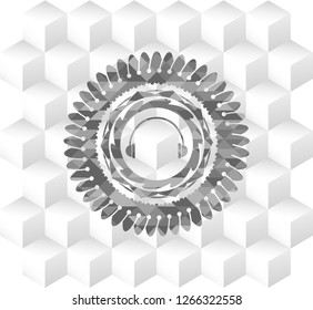 headphones icon inside realistic grey emblem with cube white background