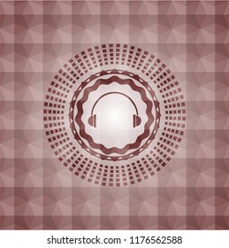 headphones icon inside red emblem or badge with abstract geometric pattern background. Seamless.